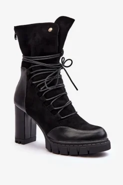 Damskie Boto Damskie Botki Na Słupku Z Wiązaniem Czarne Artie