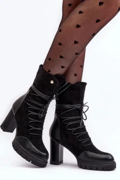 Damskie Boto Damskie Botki Na Słupku Z Wiązaniem Czarne Artie