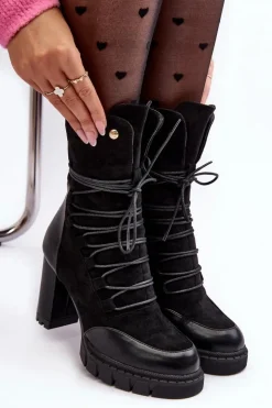 Damskie Boto Damskie Botki Na Słupku Z Wiązaniem Czarne Artie