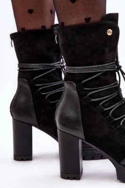 Damskie Boto Damskie Botki Na Słupku Z Wiązaniem Czarne Artie