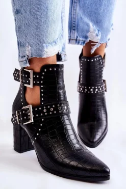 Damskie Boto Damskie Botki Na Słupku Z Dżetami Czarne Kelin