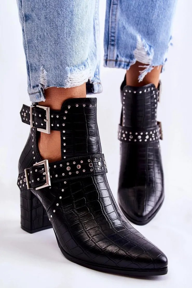 Damskie Boto Damskie Botki Na Słupku Z Dżetami Czarne Kelin