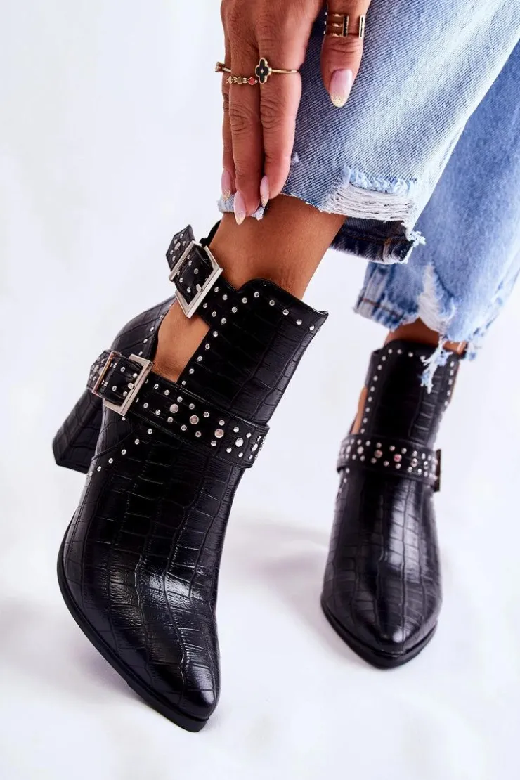 Damskie Boto Damskie Botki Na Słupku Z Dżetami Czarne Kelin