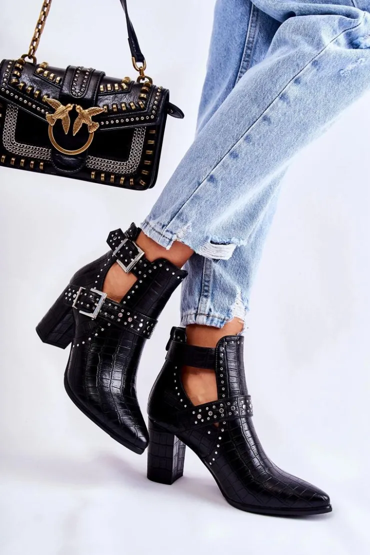 Damskie Boto Damskie Botki Na Słupku Z Dżetami Czarne Kelin