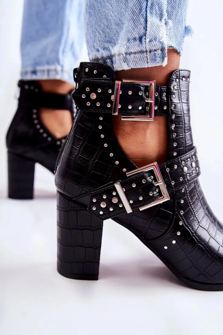 Damskie Boto Damskie Botki Na Słupku Z Dżetami Czarne Kelin