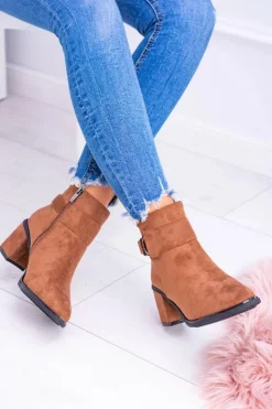 Hot Boto Damskie Botki Na Słupku Z Klamrą Zamsz Camel Evoret