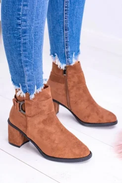 Hot Boto Damskie Botki Na Słupku Z Klamrą Zamsz Camel Evoret