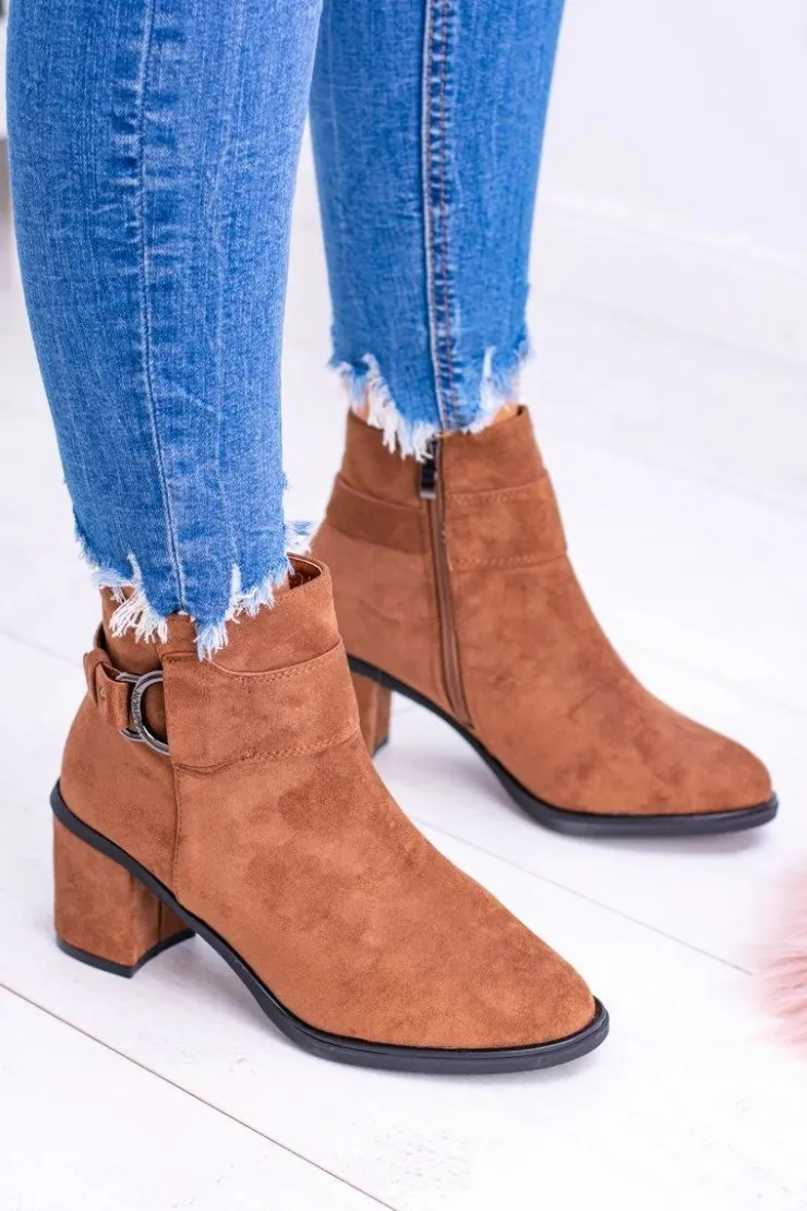 Hot Boto Damskie Botki Na Słupku Z Klamrą Zamsz Camel Evoret