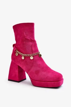 Damskie Boto Damskie Botki Na Słupku Z Łańcuszkiem Fuksja Tiselo