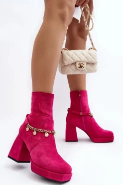 Damskie Boto Damskie Botki Na Słupku Z Łańcuszkiem Fuksja Tiselo