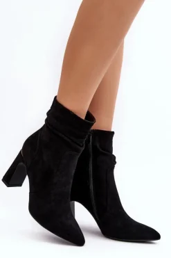 Damskie Boto Damskie Botki Na Słupku Z Marszczoną Cholewką Czarne Phaga