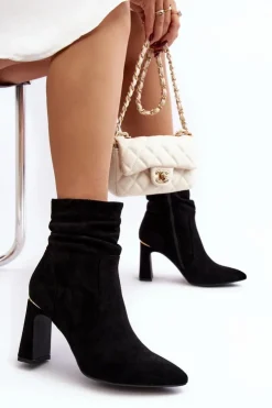 Damskie Boto Damskie Botki Na Słupku Z Marszczoną Cholewką Czarne Phaga