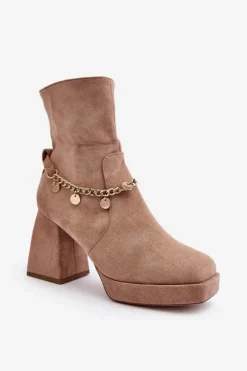 Sale Boto Damskie Botki Na Słupku Z Łańcuszkiem Beżowe Tiselo