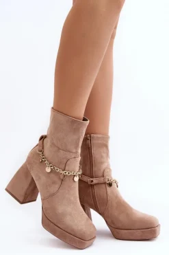 Sale Boto Damskie Botki Na Słupku Z Łańcuszkiem Beżowe Tiselo