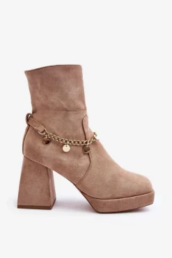 Sale Boto Damskie Botki Na Słupku Z Łańcuszkiem Beżowe Tiselo