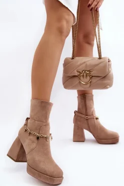 Sale Boto Damskie Botki Na Słupku Z Łańcuszkiem Beżowe Tiselo