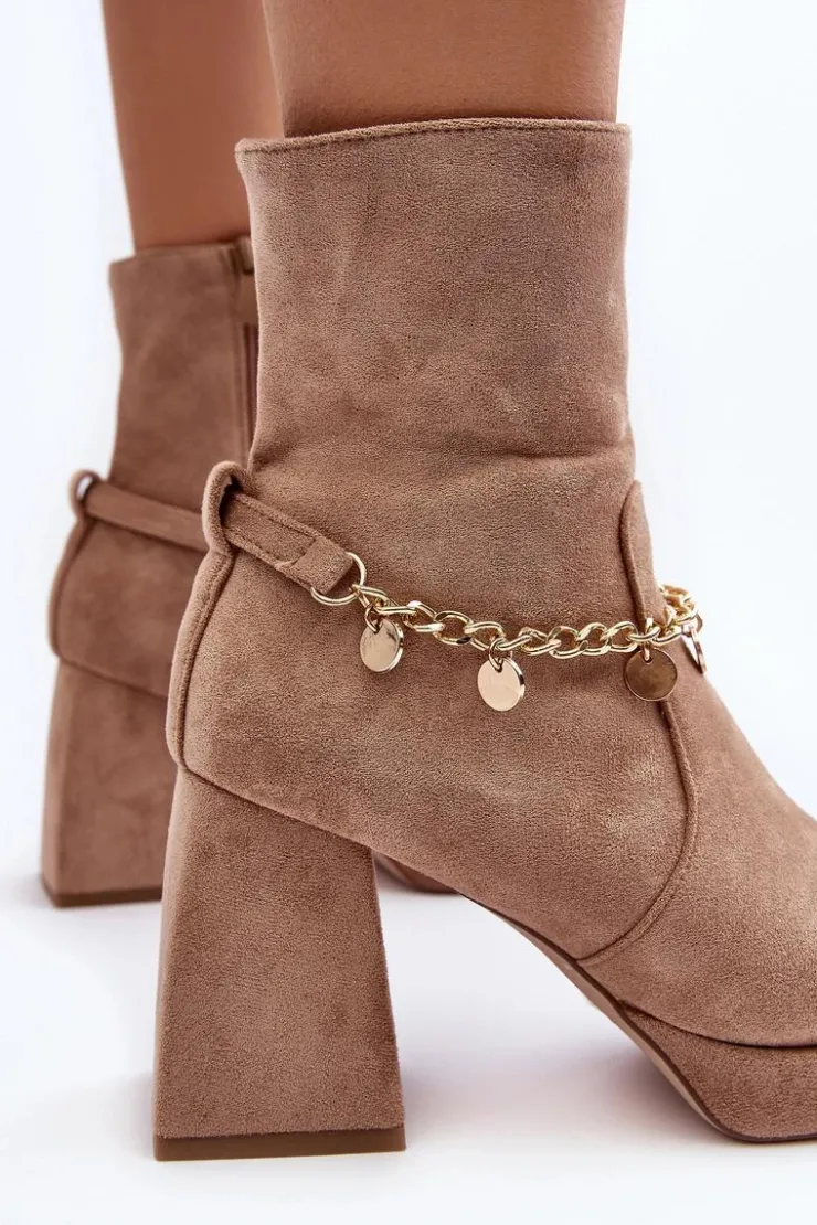 Sale Boto Damskie Botki Na Słupku Z Łańcuszkiem Beżowe Tiselo