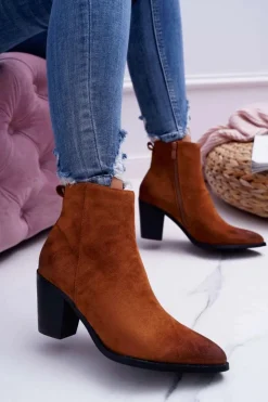 Boto Botki Wiosenne|Botki Na Słupku*Damskie Botki Na Słupku Zamszowe Camel Niki