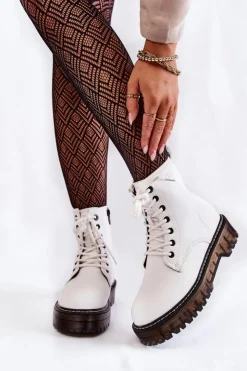 Big Star Shoes Damskie Trapery|Botki Sznurowane*Damskie Botki Na Suwak Big Star KK274536 Białe Biały