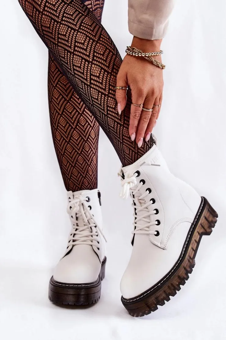 Big Star Shoes Damskie Trapery|Botki Sznurowane*Damskie Botki Na Suwak Big Star KK274536 Białe Biały