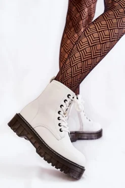 Big Star Shoes Damskie Trapery|Botki Sznurowane*Damskie Botki Na Suwak Big Star KK274536 Białe Biały