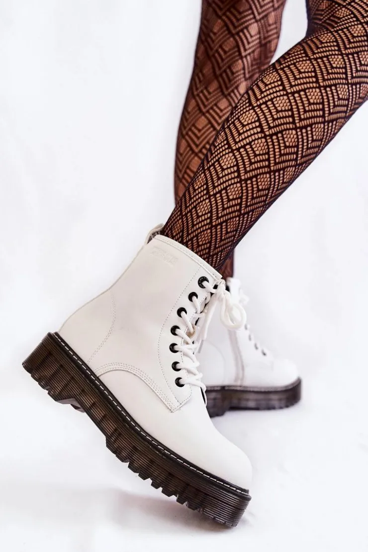 Big Star Shoes Damskie Trapery|Botki Sznurowane*Damskie Botki Na Suwak Big Star KK274536 Białe Biały