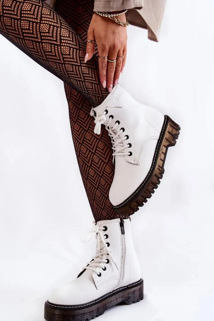 Big Star Shoes Damskie Trapery|Botki Sznurowane*Damskie Botki Na Suwak Big Star KK274536 Białe Biały