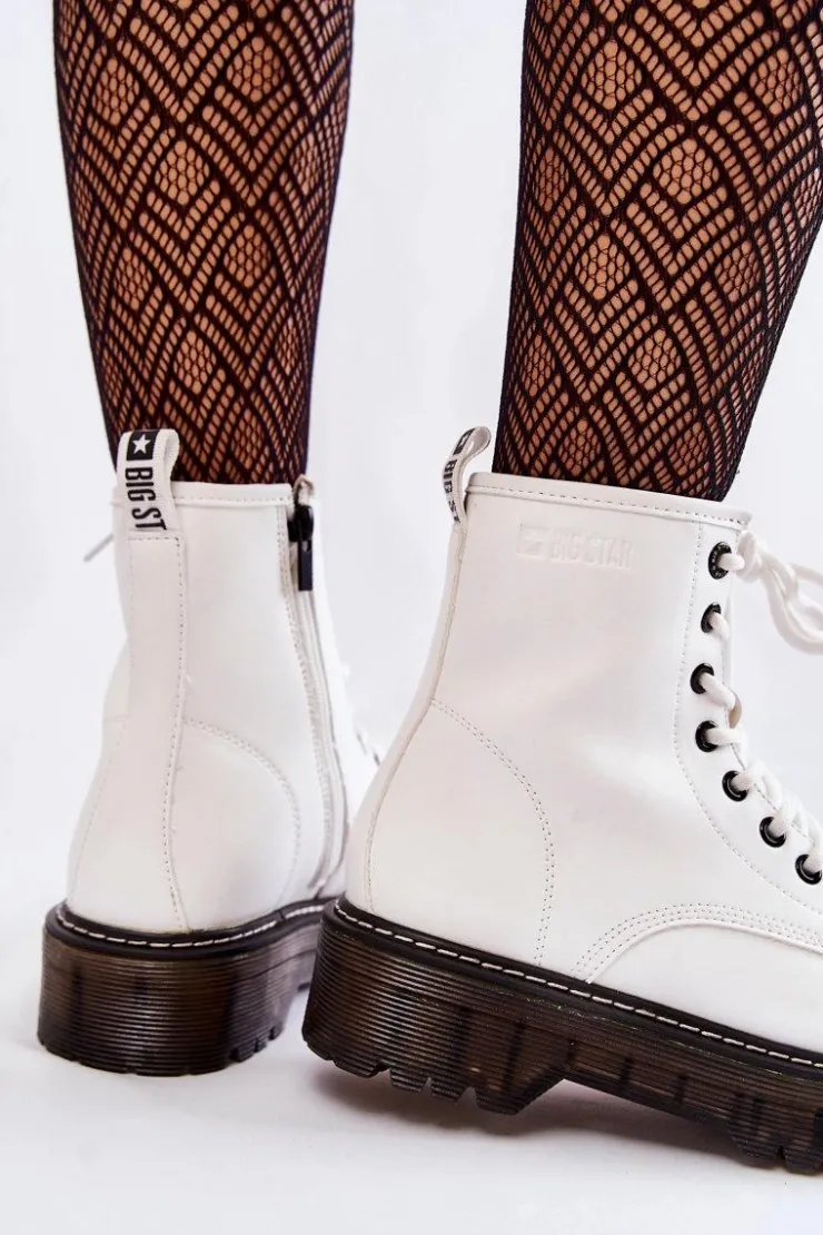 Big Star Shoes Damskie Trapery|Botki Sznurowane*Damskie Botki Na Suwak Big Star KK274536 Białe Biały