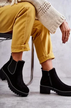 Boto Czarne Botki|Botki Zimowe Damskie*Damskie Botki Na Suwak Z Ćwiekami Czarne Afaries