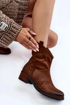 Boto Botki Wiosenne|Botki Zimowe Damskie*Damskie Botki Na Suwak Z Ćwiekami Brązowe Lance