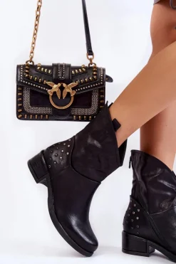 Damskie Boto Damskie Botki Na Suwak Z Ćwiekami Czarne Lance