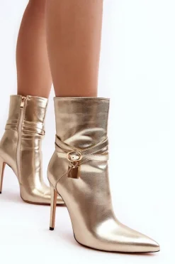 Boto Botki Na Obcasie*Damskie Botki Na Szpilce Z Paskami Złote Casulle