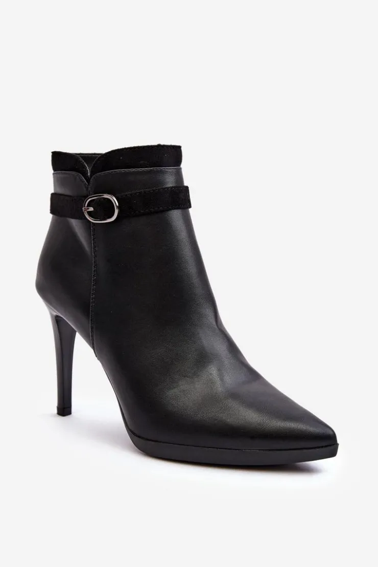 Buty Sergio Leone Czarne Botki|Botki Zimowe Damskie*Damskie Botki Na Szpilce Z Klamrą Ocieplane Czarne Aesha