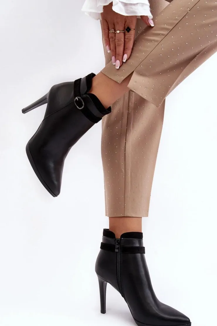 Buty Sergio Leone Czarne Botki|Botki Zimowe Damskie*Damskie Botki Na Szpilce Z Klamrą Ocieplane Czarne Aesha