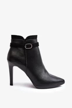 Buty Sergio Leone Czarne Botki|Botki Zimowe Damskie*Damskie Botki Na Szpilce Z Klamrą Ocieplane Czarne Aesha