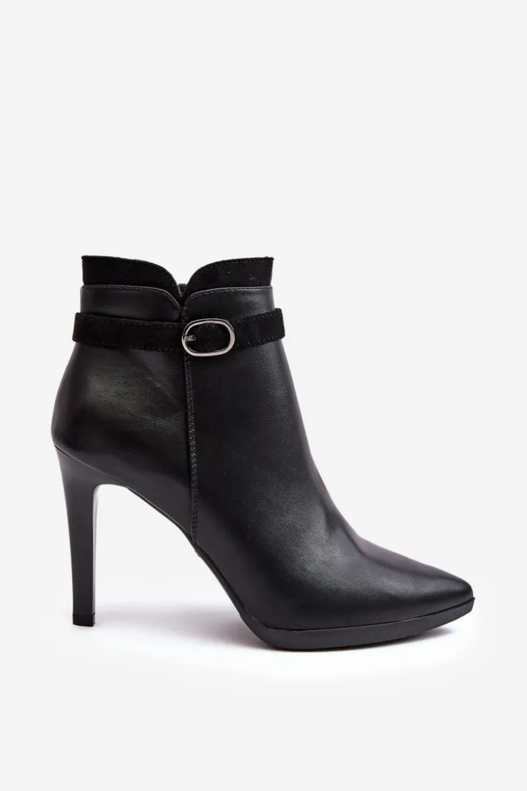 Buty Sergio Leone Czarne Botki|Botki Zimowe Damskie*Damskie Botki Na Szpilce Z Klamrą Ocieplane Czarne Aesha