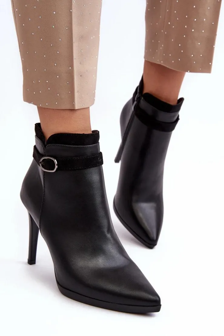 Buty Sergio Leone Czarne Botki|Botki Zimowe Damskie*Damskie Botki Na Szpilce Z Klamrą Ocieplane Czarne Aesha