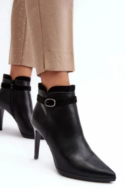 Buty Sergio Leone Czarne Botki|Botki Zimowe Damskie*Damskie Botki Na Szpilce Z Klamrą Ocieplane Czarne Aesha