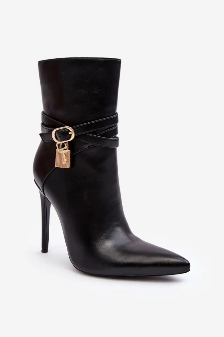 Boto Damskie Botki Na Szpilce Z Paskami Czarne Casulle