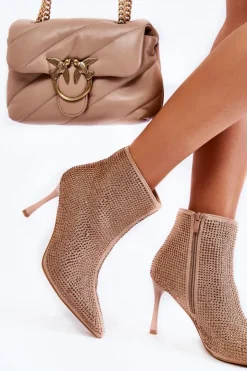 Clearance Boto Damskie Botki Na Szpilce Z Dżetami Ciemnobeżowe Irma