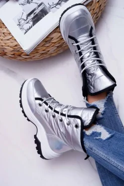 Boto Śniegowce Damskie*Damskie Botki Śniegowce Ocieplane Futerkiem Srebrne Muffin