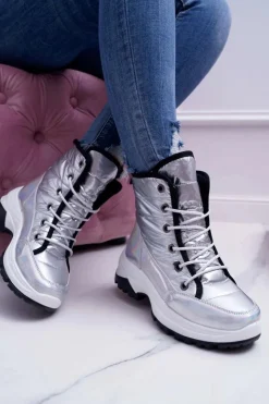 Boto Śniegowce Damskie*Damskie Botki Śniegowce Ocieplane Futerkiem Srebrne Muffin