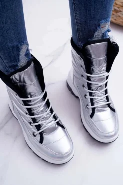 Boto Śniegowce Damskie*Damskie Botki Śniegowce Ocieplane Futerkiem Srebrne Muffin