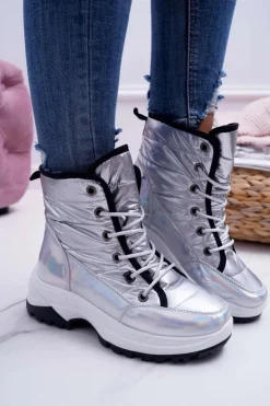 Boto Śniegowce Damskie*Damskie Botki Śniegowce Ocieplane Futerkiem Srebrne Muffin