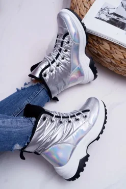 Boto Śniegowce Damskie*Damskie Botki Śniegowce Ocieplane Futerkiem Srebrne Muffin