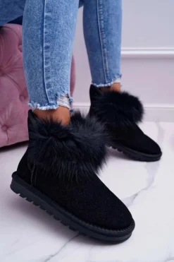 Damskie Boto Damskie Botki Śniegowce Ocieplane Futerkiem Skóra Zamsz Czarne Memento
