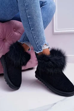 Damskie Boto Damskie Botki Śniegowce Ocieplane Futerkiem Skóra Zamsz Czarne Memento