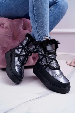 Damskie Boto Damskie Botki Śniegowce Ocieplane Futerkiem Srebrne Calma