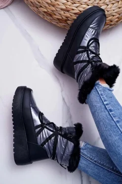 Damskie Boto Damskie Botki Śniegowce Ocieplane Futerkiem Srebrne Calma