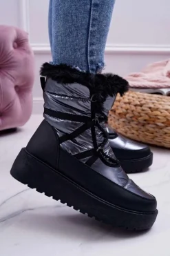 Damskie Boto Damskie Botki Śniegowce Ocieplane Futerkiem Srebrne Calma